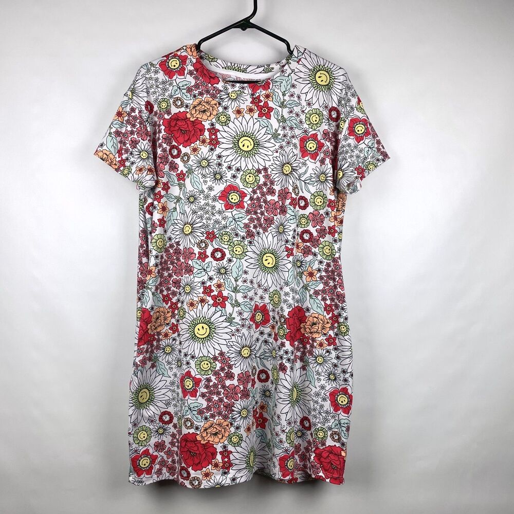 Joyspun Smiley Face Floral Sleepshirt Size S-M Retro Daisy Pockets Nightgown